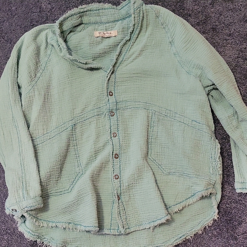 Free People Mint Green Button-Front Gauze Shirt